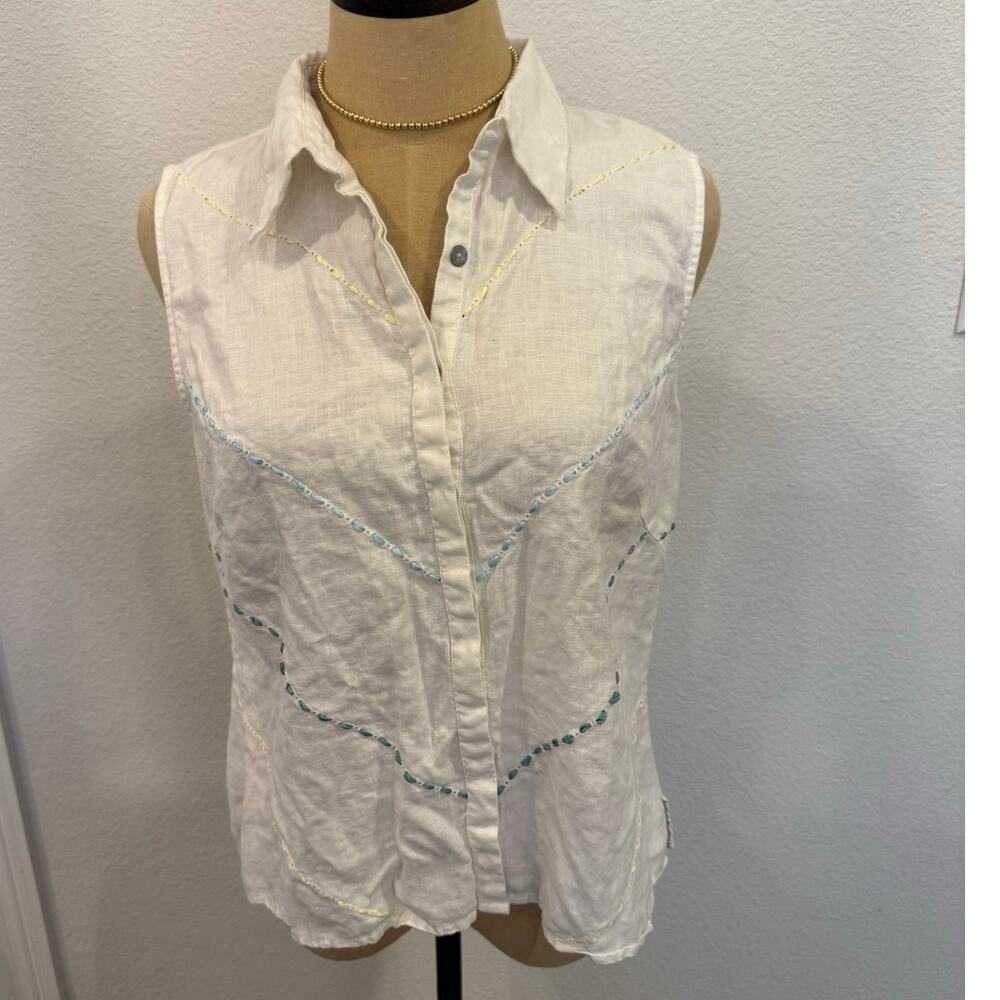 Richard Malcolm White w/ Embroidery Irish Linen Button down Sleeveless Shirt Lt